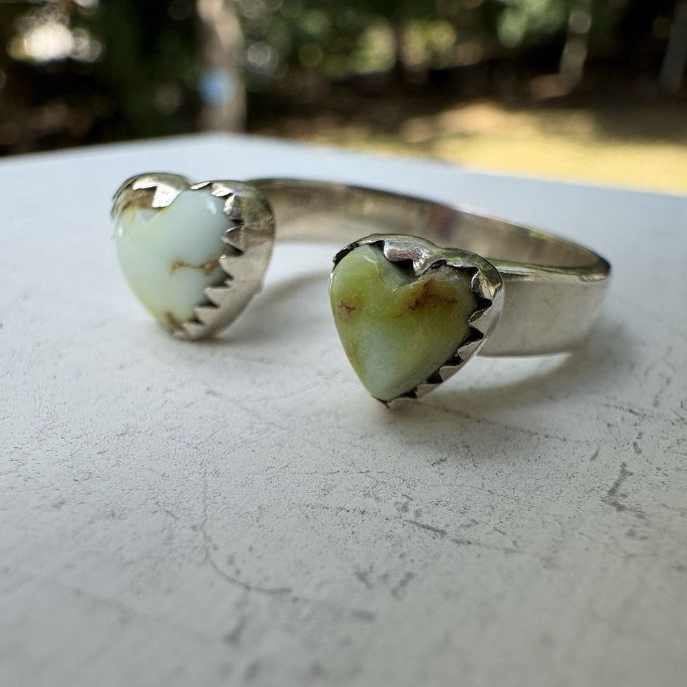 Sterling Silver 925 Double Heart Bypass Ring Green Stone Adjustable Bohemian